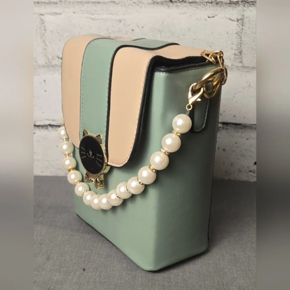 Chic Cat Design Green and Cream Crossbody / Handbag